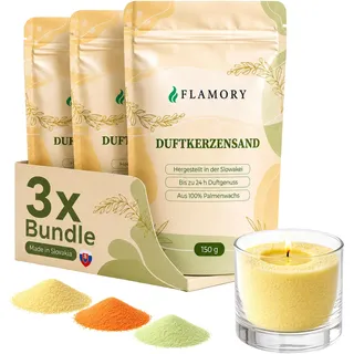 Flamory Kerzensand mit Duft Fresh Set 3x150g – Candle Sand [Orange/Citronella/Verbena] – 9 Dochte inklusive – 100% Pflanzenwachs, rußfrei, ohne Paraffin – bis 72 Std. Brenndauer – Kerzensand mit Docht