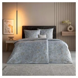 Mako Jersey Bettwäsche 135x200 Valeria Graphit Blumen Rauchblau 6343-840 - Grau, Blau