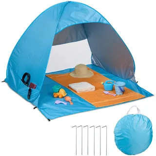 Relaxdays Strandmuschel Pop up, UV Schutz 50, mit Heringen & Tragetasche, HxBxT: 110 x 140 x 145 cm, 2 Personen, blau