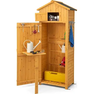 COSTWAY Gartenschrank Holz, Gerätehaus für den Außenbereich mit abschließbaren Türen & klappbarem Tisch & 8 Haken & 3 Regalen, Werkzeugschrank Gartenschuppen Geräteschrank für Garten, Terrasse, Hof - Naturbelassen