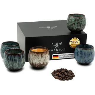 Pheniox | Espressotassen Set Tibet Mini | 5-teilig | 100 ml | hochwertige Tassen aus Steingut | ohne Henkel | spülmaschinenfest | Espresso | Mokka | Gewürzbecher | Geschenk in modernem Design