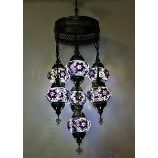 7-globige Glas-Pendelleuchte in Lila, handgefertigte türkische Mosaik-Hängelampe, orientalischer Kronleuchter - Lila