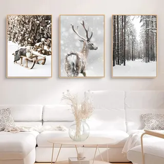 TROYSINC 3er Premium Poster Set, Winter Bilder, Elch, Holzhaus, Wald Wandkunst Wandbilder, Leinwand Drucke Wohnzimmer bilder Modern Wanddeko Bilder, Kein Rahmen (B,50x70cm)
