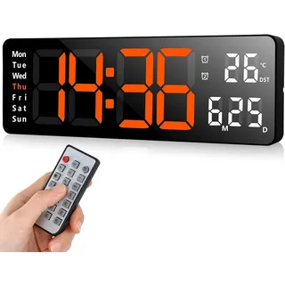 MODFU Digitale Wanduhr, USB-Wanduhr mit großem Display, LED-Digitaluhr mit Fernbedienung, Timer und Countdown, große Uhr mit Datum, Wochentag, Temperatur - Grün, Orange, Rot, Blau