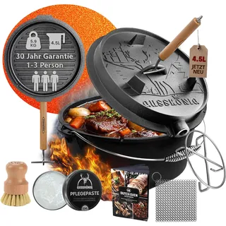 GUSSKÖNIG Premium 2in1 Dutch Oven 4,5L Set-Feuertopf Gusseisen ohne Füßen | für 1-3 Personen, inkl. Deckelheber, Pflegepaste, Bürste, Untersetzer, Ringreiniger, Rezeptbuch, 30J Garantie