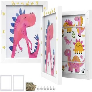 SONGMICS Bilderrahmen 2er Set, A4, 22 x 28 cm, 34,5 x 25,5 cm, Glas | jede Box für bis zu 150 Zeichnungen, MDF, Passepartout, Sticker, spurlose Wandhaken, mattweiß, KAVI Kollektion RPF052W02