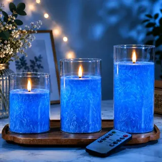 Blau Glas Flammenlose Kerzen, LED Kerzen mit Fernbedienung Timerfunktion | Batteriebetriebene Stumpenkerzen, Elektrische Kerzen, Festliche Flammenlose Kerzen, Blau Dekorative Glaskerzen, 3er-Set