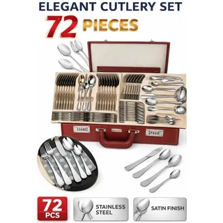 Besteck im Koffer, 72 Teile, 12 Personen, Edelstahl, Gabel, Löffel, Messer EH8402 - Silber