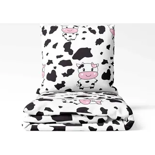 Bettwäsche - 135x200 cm - Bettbezug und Kissenbezügen Set - Fröhliche Kuh - Mikrofaser Baumwolle - 1 Kissenbezug 70x80 cm - Weiß, Schwarz, Rosa