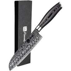 Kensaki Santoku Messer aus Damaszener Stahl Küchenmesser Japanischer Art hergestellt aus 67 Lagen Damaststahl – Kuro Serie, KEN-012