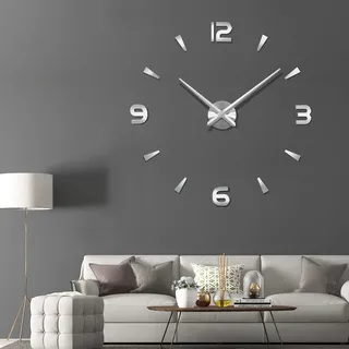Warminn Wanduhr, DIY Aufkleber Wand Moderne rahmenlose 3D-Wanduhren Römische Zahlen Spiegelaufkleber Kunst Wohnkultur Bastelt große Uhr für Büro Wohnzimmer Schlafzimmer (Silber)