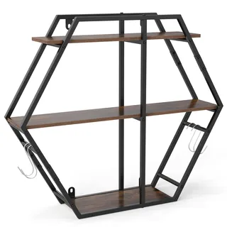 FANTASK 3-stufiges Schwebende Regale, 80 x 18 x 69,5 cm, Hexagon Wandregal mit Haken & Metallrahmen, schwebende Hängeregal, Industrielle Bücherregal für Wohnzimmer & Küche