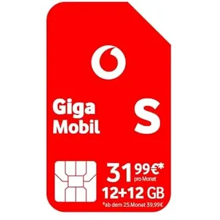 Vodafone Mobilfunkvertrag GigaMobil S | Jetzt doppeltes Datenvolumen 24 GB statt 12 GB | Zusätzlich 24 x 20% Tarifrabatt | 5G-Netz | Telefon- SMS-Flat | EU-Roaming