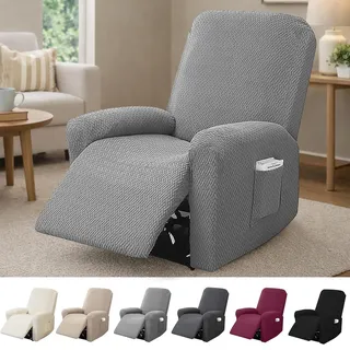 Hengrongshen 1-Sitzer Sessel Überzug, Sesselbezuge Stretch mit Taschen, All-Inclusive Streifen-Jacquard Sesselschoner für Fernsehsessel Relaxsessel Sesselhusse (Hellgrau, 4-Teilig)