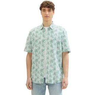 TOM TAILOR Denim Herren Relaxed Fit Kurzarm Hemd mit Palmen-Muster, 35588 - Green Summer Palm Print, L