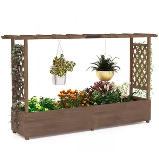 COSTWAY Blumenkasten mit Rankgitter & hängendem Dach, Pflanzkasten mit Rankhilfe, Hochbeet für Kletterpflanzen & hängende Körbe, für Hof Garten Terrasse, Pflanzkübel Holz, Braun (200x44x114cm)