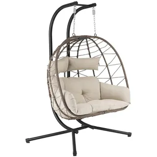 Juskys Xxl-Korbhängesessel Aria beige inkl. waschbare Bezüge , Naturfarben , Kunststoff , 130x197x127 cm , Gartenmöbel, Gartenschaukeln, Hängesessel