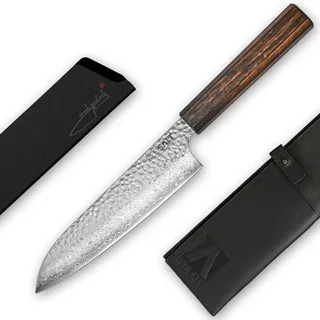 REDSALT® Professional Series SANTOKU 三德 18cm Damaststahl 69 Lagen Chefmesser handgefertigt in Japan | Profi Kochmesser Ledertasche | Damast Hammerschlag Klinge | Damastmesser Küchenmesser