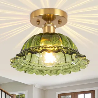 Vloitgol Deckenleuchte Vintage mit lampenschirm Grüne glas, E27 24.5cm, halbbündige Grüne Deckenlampe vintage blumen Glas für Schlafzimmer Flur Küche Esszimmer Wohnzimmer (Glühbirne nicht enthalten)