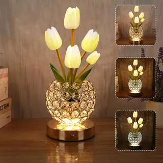Geburtstagsgeschenke für Frauen Akku Tischlampe, 3-Farbe Kristall Blume Nachttischlampen unendlich Dimmen mit USB-Ladung kleines Nachtlicht, Nachttisch Lampe Touch Lampe für Schlafzimmer (Weiß)