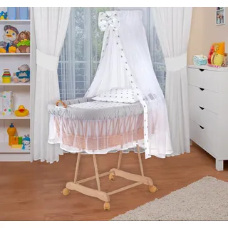 Waldin Baby Stubenwagen-Set mit Ausstattung,XXL,Bollerwagen,komplett,grau/Sterne grau,Gestell natur - Grau