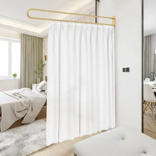 Sichtschutz-Trennvorhänge, U-Form, Raumteiler, Metallstütze, Wandmontage, Vorhänge, 2 m, weiße flache Haken, medizinischer Vorhang für Ankleidezimmer, Schönheitssalon, Schlafzimmer (Gold, 6.56ft)