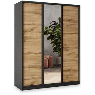masseno Schwebetürenschrank Sore 150 x 205 x 58 cm Schwarz/Eiche Wotan