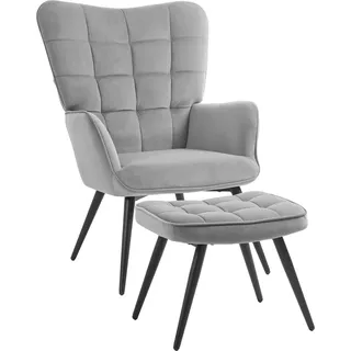 Fortuna Lai Ohrensessel mit Hocker, Loungesessel Relaxsessel Polstersessel Samtoptik Fernsehsessel Esszimmerstuhl bis 120 kg hellgrau - Hellgrau