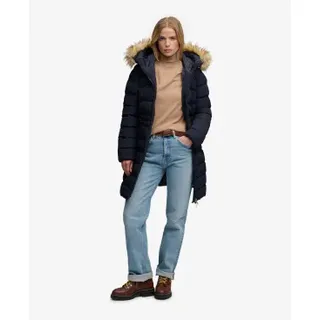 Superdry für Damen. W5012185A Halblange Fuji-Jacke mit Kunstfell und Kapuze marineblau (S), Lässig, Polyester