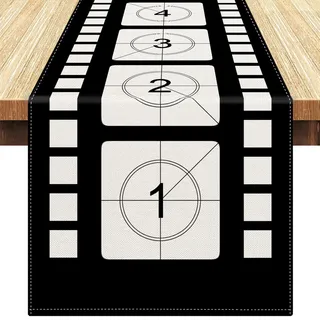 Tischläufer 40x140cm mit Neuartigem Filmabend-Themendesign, Schwarz Weiß Zahlen-Filmstreifen-Tischläufer, Tischdecke mit Filmthema, Dekoration für Die Küche, Filmparty