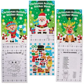 Baker Ross FX334 Sticker Aktivitäten Bücher Weihnachten - 8er Pack, Ausmalen, Puzzles und Malen nach Zahlen für Kinder