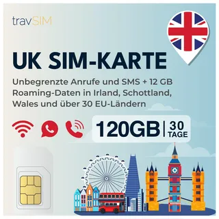 travSIM UK SIM Karte | 100GB + unbegrenzte Anrufe und SMS innerhalb Großbritanniens | 12GB Roaming in über 30 EU-Ländern, darunter Irland, Schottland und Wales | SIM Karte UK ist 30 Tage lang gültig