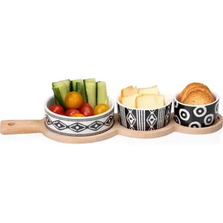 ALPINA Tapas-Set 4-teilig mit Keramikschalen und Holztablett, 35x12x4,8cm - Schwarz, Weiß