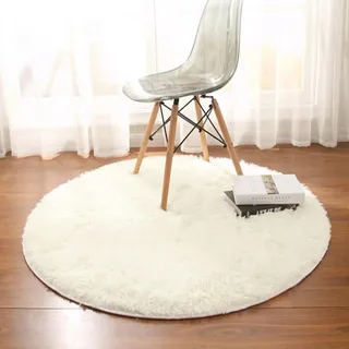HARESLE Teppich Schlafzimmer,Waschbar Teppich Flauschig,Hochflor Teppiche Wohnzimmer, Quadratisch Tepich Weich,Kleiner Teppiche Bettvorleger,Flauschiger Tepich für Büro(Elfenbein,120cm/47 Zoll)