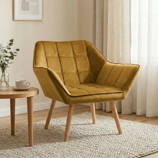HOMCOM Sessel Wohnzimmer Ohrensessel mit Gummiholzbeine skandinavisch Gelb | Loungesessel, Relaxsessel, Lesesessel mit Samtoptik, Polstersessel für Schlafzimmer