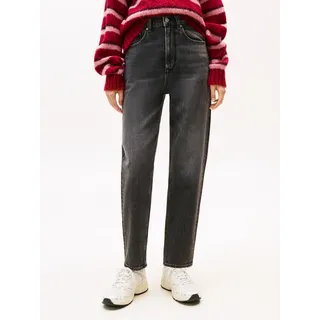 Tapered-fit-Jeans TOMMY JEANS "MOM JEAN UH TPR BI0187", Damen, Gr. 34, Länge 28, blau (denim schwarz), Denim/Jeans, Obermaterial: 99% Baumwolle, 1% Elasthan, unifarben, straight fit, Jeans Tapered-fit-Jeans