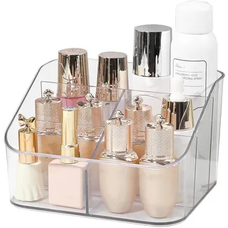 DASITON Make Up Organizer mit 5 Fächern, Pinselhalter Kosmetik Aufbewahrung Makeup Pinsel Organizer aus Acryl, Schminktisch Organizer für Eyeliners, Lippenstift, Schmink und Skincare (Transparent L)