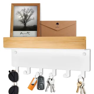 TINIFO Schlüsselbrett Holz mit Ablage – Schlüsselhalter Wand Weiß, Modern Schlüsselablage mit 6 Schlüsselhaken für Flur Küche, Eingangsbereich