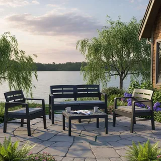 Dmora - Outdoor-Lounge-Set Massa, Gartenkomposition mit 2 Sesseln, 1 Sofa und 1 Couchtisch, Lounge für drinnen und draußen mit Kissen, 100% Made in Italy, Anthrazit
