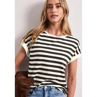 Shirttop STREET ONE, Damen, Gr. 44, schwarz-weiß (espresso braun), Jersey, Obermaterial: 50% Baumwolle, 50% Modal, gestreift, normal hüftbedeckend, Rundhals, Aufschlag mit Knöpfen, Tops Shirttop, Sommershirt mit Streifen