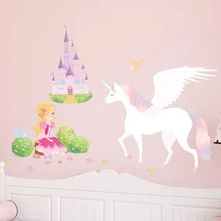 Ambiance Sticker Wandaufkleber-Dekorationsklebstoffe Prinzessin, Einhorn und Schloss Wandtattoo für Baby, Kinderzimmer und Wohnzimmer - H70 x L50 cm