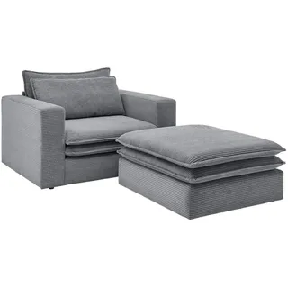 Furn.Design Loveseat Set grau Cord, Loungesessel inklusive Hocker , Grau , Holz, Textil , Nachbildung , 110x83x161 cm , Wohnzimmer, Sessel, Polstersessel