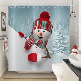 Hnmdmyi Duschvorhang Weihnachten 180x200, Winter Schneemann Wald Blau und Weiß Duschvorhänge Frohe Weihnachten Urlaub Badewanne Vorhang Wasserdicht Polyester Stoff Waschbar Badevorhang mit Haken