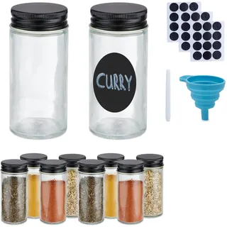 Relaxdays Gewürzgläser Set, Streueinsatz, Gewürzdosen Glas, mit Etiketten, Stift & Trichter, transparent/schwarz