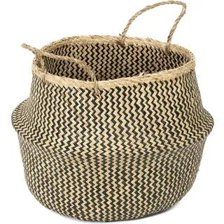 Compactor Belly Korb XL - Handgewebter Seegras Korb mit geometrischem Muster, schwarz, 45x45x36 cm