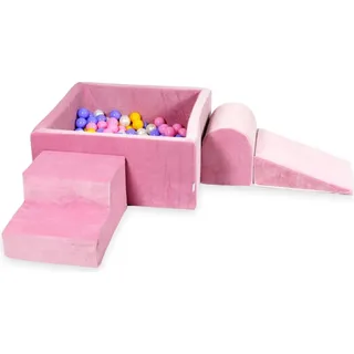 Schaumstoffspielplatz mit quadratischem Pool 90x90x40 Samtweiches Rosa + 400 Bälle: Heidekraut, Gelb, Puderrosa, Perle