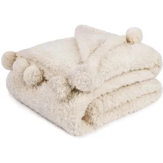 PAVILIA Cozy Pom Pom Throw Blanket | Sherpa Fluffy Fuzzy Plush Fleece Soft Blanket Couch Sofa Bed | Shaggy Faux Fur Warm Boho Tassel Ball Women | Solid Beige Ivory Cream Blanket Pompom, 60x80 Twin