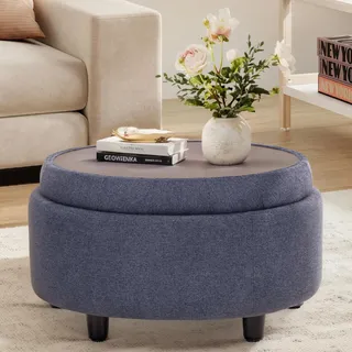 COLAMY Hocker mit Stauraum, Modernes Kunstleder Sitzhocker mit Stauraum, Gepolstert Rund Fußhocker Aufbewahrung mit Holzbeinen für Wohnzimmer Schminktisch Schlafzimmer Schlafzi, Blau