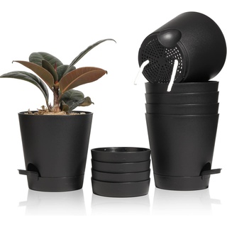 T4U 14cm Kunststoff Blumentopf mit Bewässerungssystem, 6er-Set Selbstbewässerung Übertopf mit Untersetzer, Rund Pflanzkübel für Innen und Balkon Garten Pflanzen Sukkulenten Kaktus, Schwarz