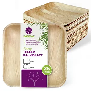 GoBeTree 25 Palmblatt Teller 24x24 cm Einwegteller Quadratisch Flach. Elegante Einwegteller für Hauptgericht und Abendessen Quadratisch Flach ähnlich Bambus mit Hoher Stabilität